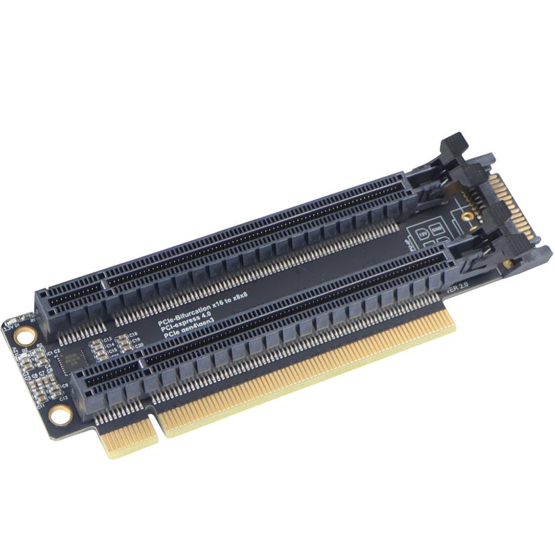 JMT PCI-E 4.0 x16 1 to 2 Expansion Card Gen4 Split Card PCIe-Bifurcation x16 to x8x8 with 20mm Spaced Slots CPU4P Power Supply Port (SATA) SATA PCI-E 4.0