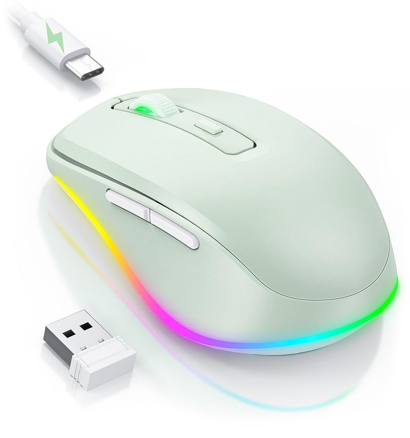 PEIOUS Wireless Mouse Jiggler - LED Wireless Mice with Build-in Mouse Mover, Rechargeable Moving Mouse for Laptop with Undetectable Random Movement Keeps Computers Awake-Light Green Light Green