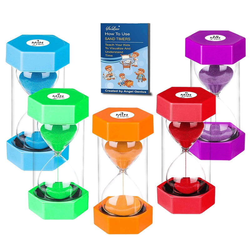 SuLiao Sand Timers 1m/2m/3m/5m/10 Minute,Plastic Hourglass Sand Timer for Kids,Colorful Large Hour Glass Clock,Visual Sandglass Set for Classroom Games Kitchen Office Desk(Pack of 5) 1/2/3/5/10 Minutes Blue/Green/Orange/Red/Purple