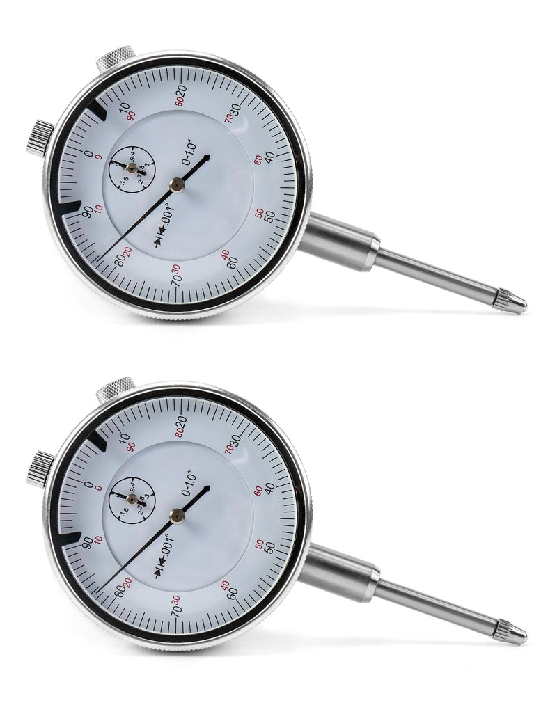 QWORK 0-1 Inch Dial Indicator with Carbide Anvil, 2 Pack, 0.001 Inch Resolution, Interchangeable Flat & Lug Back – 2 Inch Dial, Twist-Lock Bezel