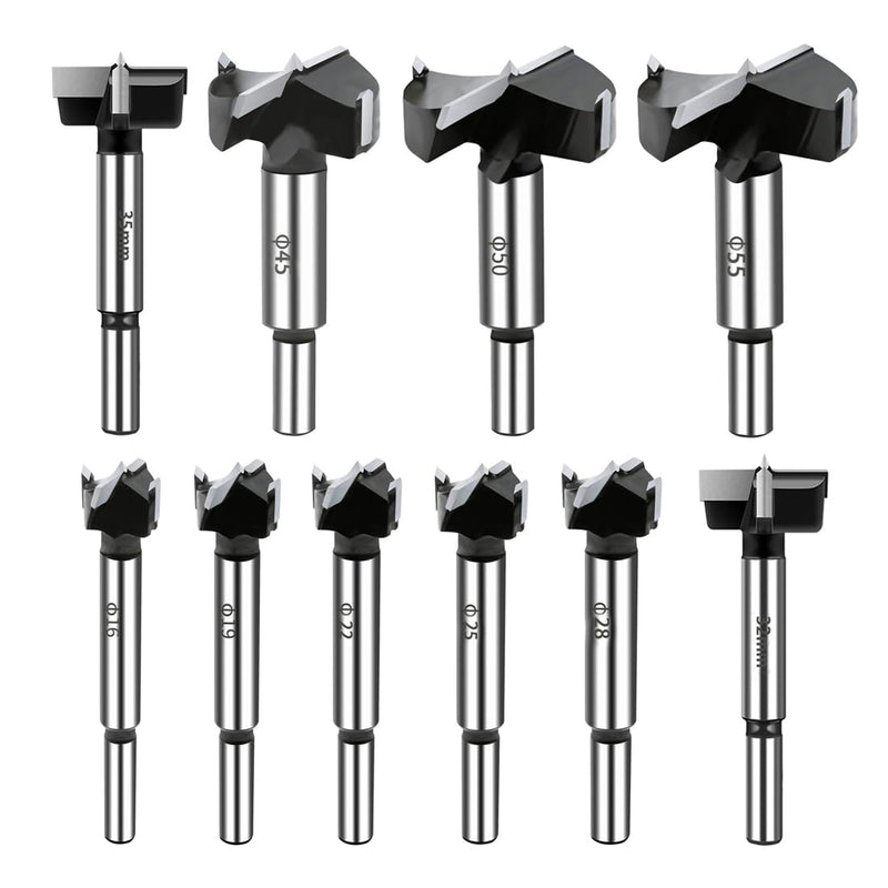 10PCS Forstner Drill Bit,Carbide Tipped Forstner Bit for Hard Wood, Wood Drilling Hole Saw Set Woodworking Hinge Cutter Tool Kits for Wood Plastic Plywood 16-55 mm 10