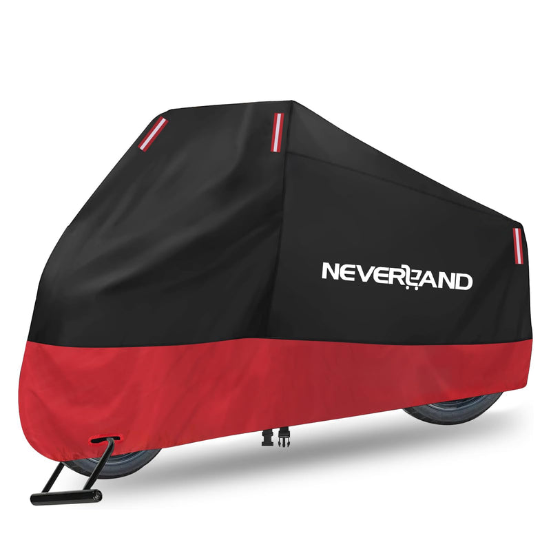 NEVERLAND Motorcycle Cover Waterproof Outdoor, 300D Motorcycle Cover Heavy Duty Outdoor All Season Protection, Universal Motorbike Cover with Night Reflective, Lock-Holes, Storage Bag (Up to 86") L(Up to 86")