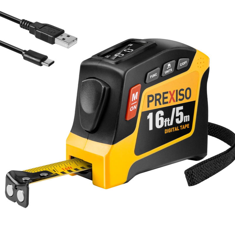 PREXISO 2-in-1 Digital Tape Measure - 16Ft Rechargeable Measuring Tape Ft/Ft+in/in/M/CM/MM - Metric & Inches Retractable Measurement Tape Tool with Auto Lock & Magnetic Tip - Pythagorean, Area, Volume Yellow