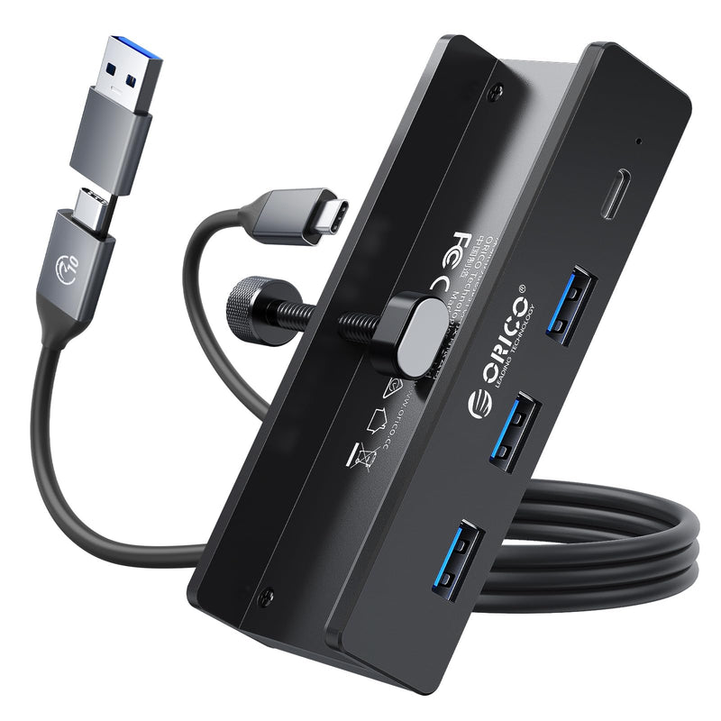 ORICO USB Hub 3.0, Clamp USB Hub with Extra Power Supply Port, Aluminum 4-Port USB Adapter with 3 USB-A Data Ports, USB-C Port for Monitors, Desks (Black) Black