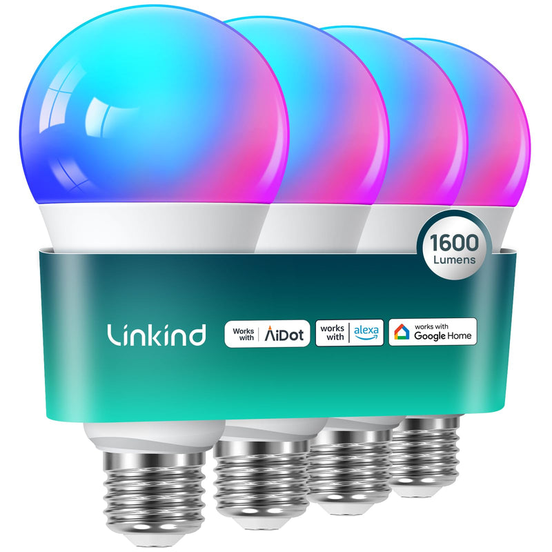 Linkind Smart Light Bulbs, 1600LM (100W Equivalent) A21 Smart Bulb, Compatible with Alexa & Google Home, 14W E26 RGBTW Color Changing Bulb with Music Sync, 2.4GHz Wi-Fi & Bluetooth, 4Pack 4 Pack 100W