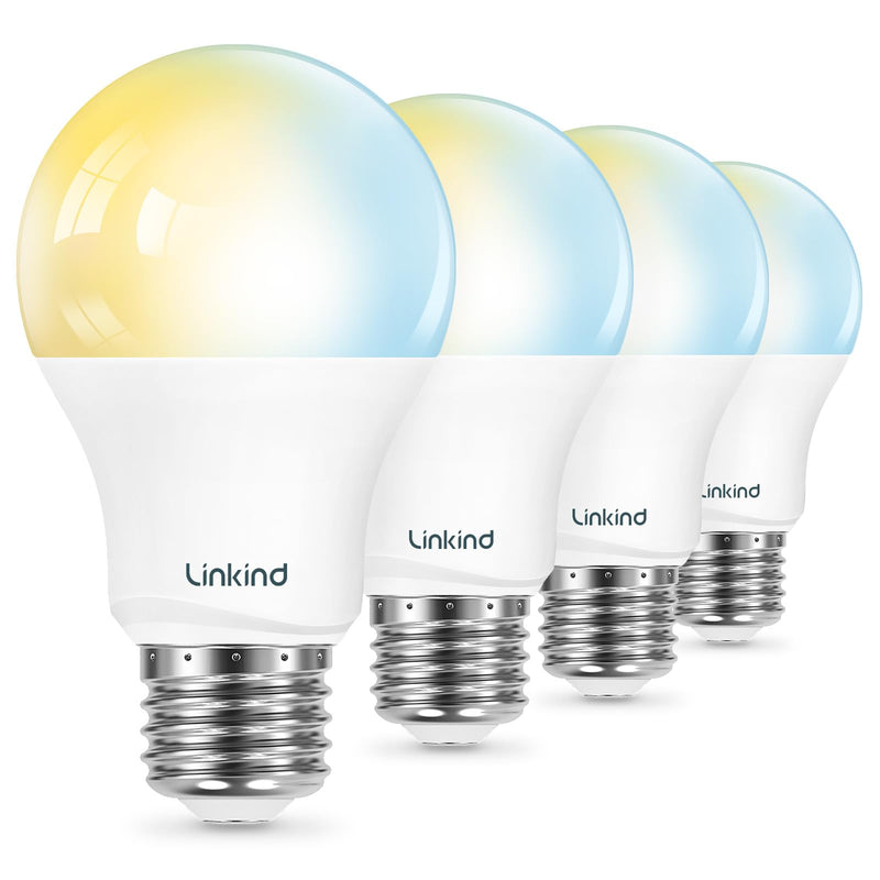 Linkind Smart Light Bulbs, Warm White to Daylight (2700K-6500K), Alexa Light Bulbs, Work with Alexa, Google Home, AiDot, 60W Equiv, Efficient 8.5W, 2.4G WiFi Bluetooth LED CRI>90, A19 E26 800LM, 4Pack 4 Pack Non-Matter-enabled