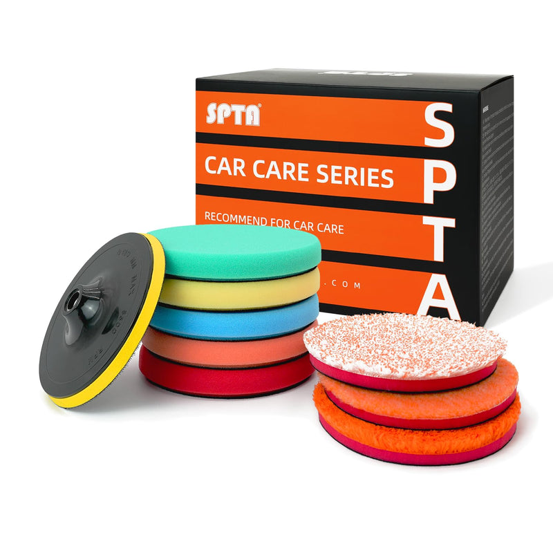SPTA 9Pcs Polishing Pads Kit, 7 Inches Large Size Buffing Pads, Car Foam Buffing Sponge Pads Kit with 5/8"-11 Backing Plate for Car Care Polisher Boat Waxing, Polishing, Sealing Glaze 7 Inch Polishing Pads Kit 1