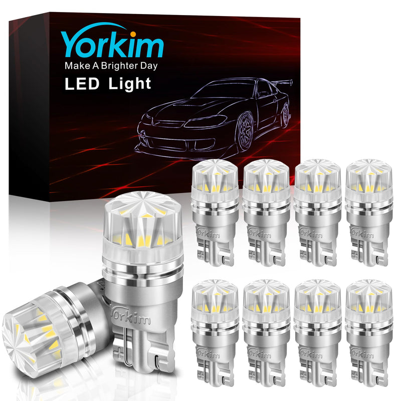 Yorkim 10psc 194 LED Bulbs 6500K White with special diamond cover 168 Led Bulb 2825 W5W T10 Led Bulb for Car Interior Lights Courtesy Map Dome Trunk License Plate Lights Side Marker Lights, Pack of 10 White-10Pack