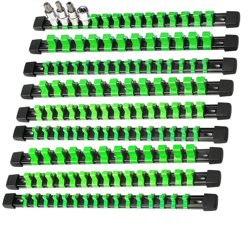 AMM 9-Piece Socket Organizer, 1/2 inch, 3/8 inch and 1/4 inch Drive ABS Tools-Green Socket Holder,Heavy Duty Socket Racks, Premium Quality Socket Clip Rail Holder,The Best Tool Trays in The Garage 9PC Green