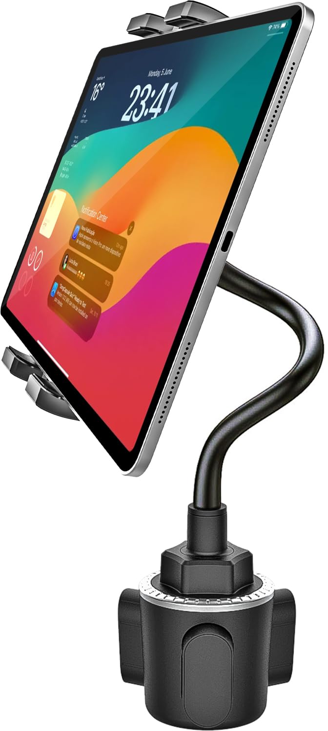 Cup Car Tablet Holder for Car, Car Cup Holder Tablet Mount, Universal Adjustable Gooseneck Cup Holder Tablet Cradle with 360° Rotation for 4-11" Tablet iPad Pro,Galaxy Tabs, Z Fold, Fire, Phone