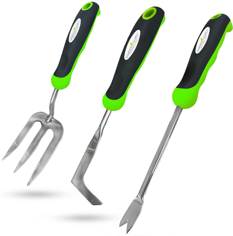 Garden Guru Garden Hand Weeder Tool Set 3pc Dandelion Weeder, Fork, Patio Weeder – Heavy Duty Stainless Steel Gardening Weeding Tools - Ergonomic Comfort Grip Handle 1 Pack Weeding Set