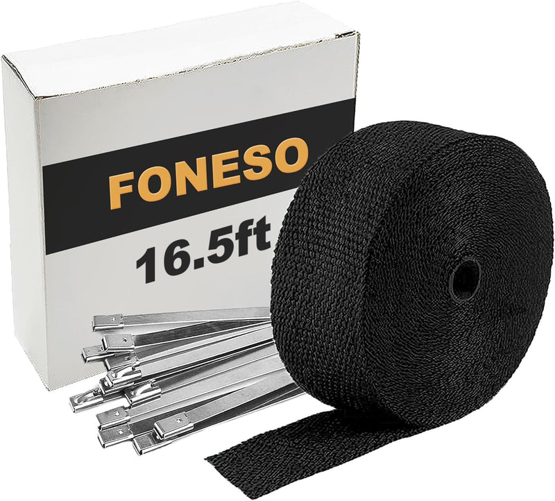 Black Exhaust Heat Wrap, Foneso 2'' x 16.5' Exhaust Header Wrap Tape Fiberglass Heat Shield Tape with 10pcs Stainless Steel Ties for Motorcycle Car Truck 16.5ft