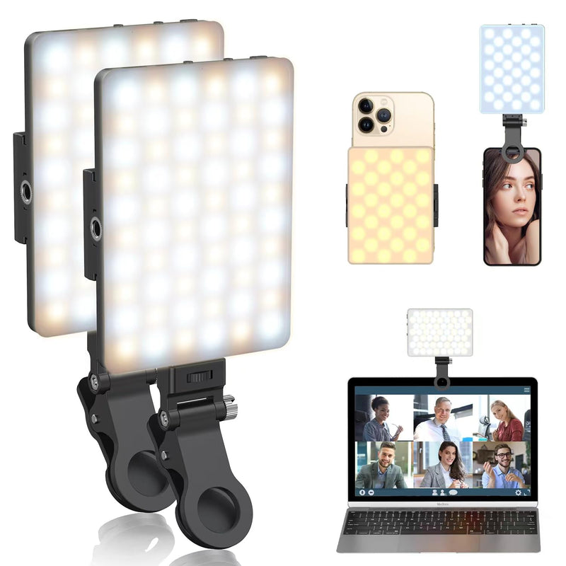 Selfie Light, Phone Light with Front & Back Clip(2 Pack), 60 LED Portable Light with 3 Light Modes, 5000mAh Rechargeable Video Light for Phone, iPhone, Laptop, TikTok, Makeup, Live Stream, Vlog 2Pack Black