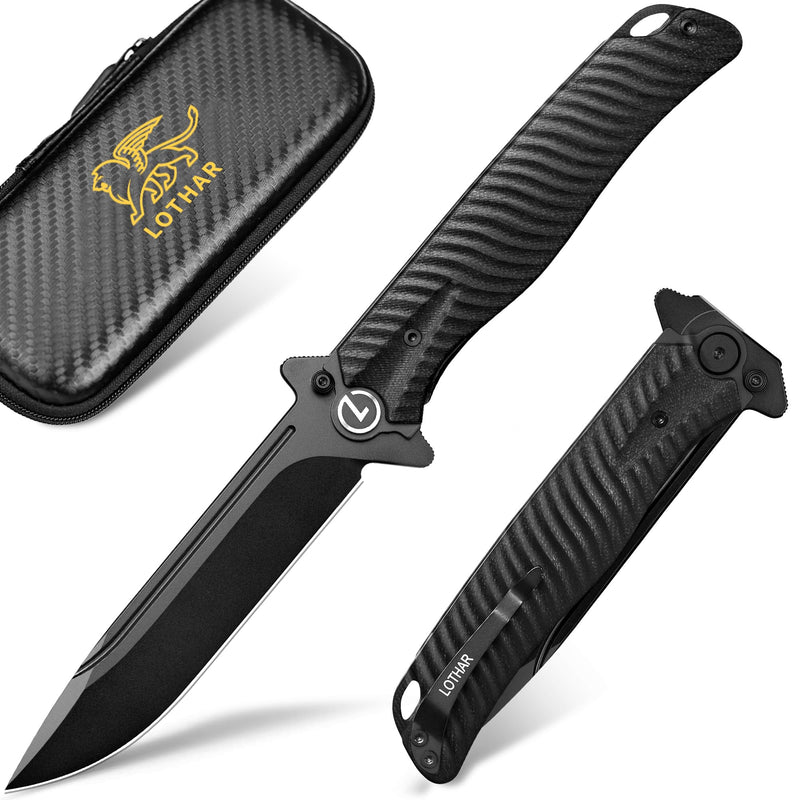 LOTHAR PHOENIX Pocket Knife, Tactical Pocket Knife for Men, 4" D2 Steel Blade Folding Knife with Clip, Flipper Assisted Opening and Black G10 Handle, Survival Knife Gifts for Men