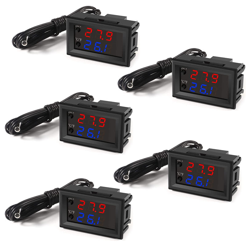 UMLIFE 5PCS 12V Electronic Temperature Controller Programmable -50 to 110 Degree Celsius Heating/Cooling Thermostat Control Switch Module NTC Waterproof Sensor Probe Dual Color LED Display Monitor
