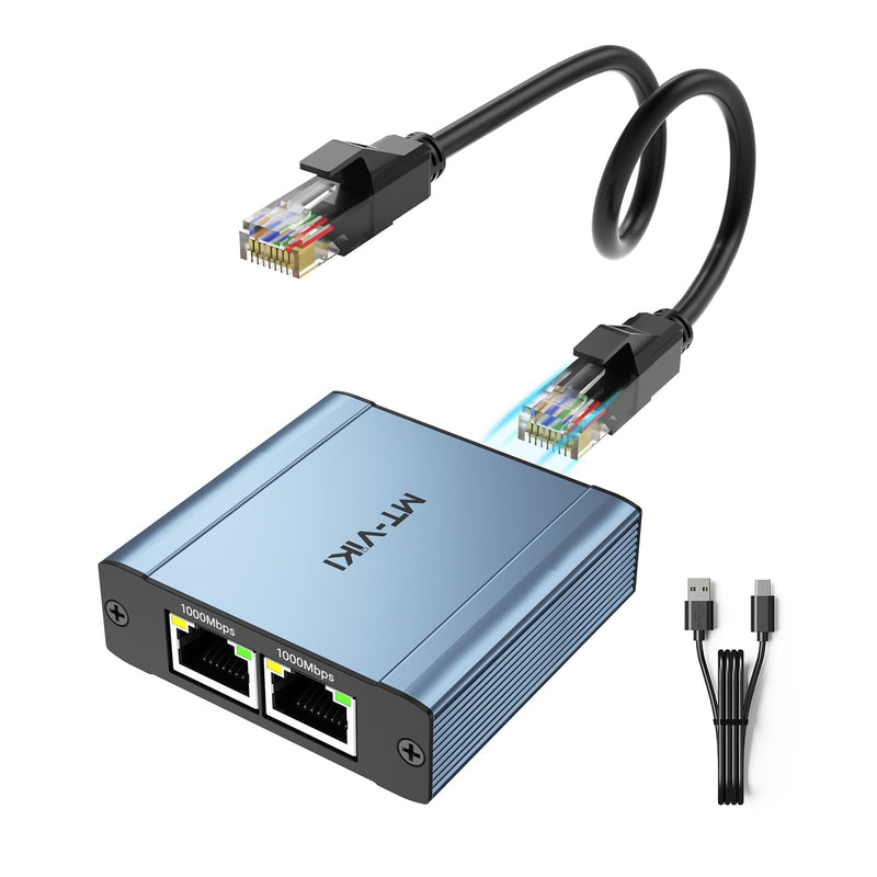 MT-VIKI Ethernet Splitter 1 to 2 High Speed 1000Mbps, Gigabit Dual RJ45 Splitter Adapter for Cat5/5e/6/7/8 Cable [Aluminum Case with Power Cable]