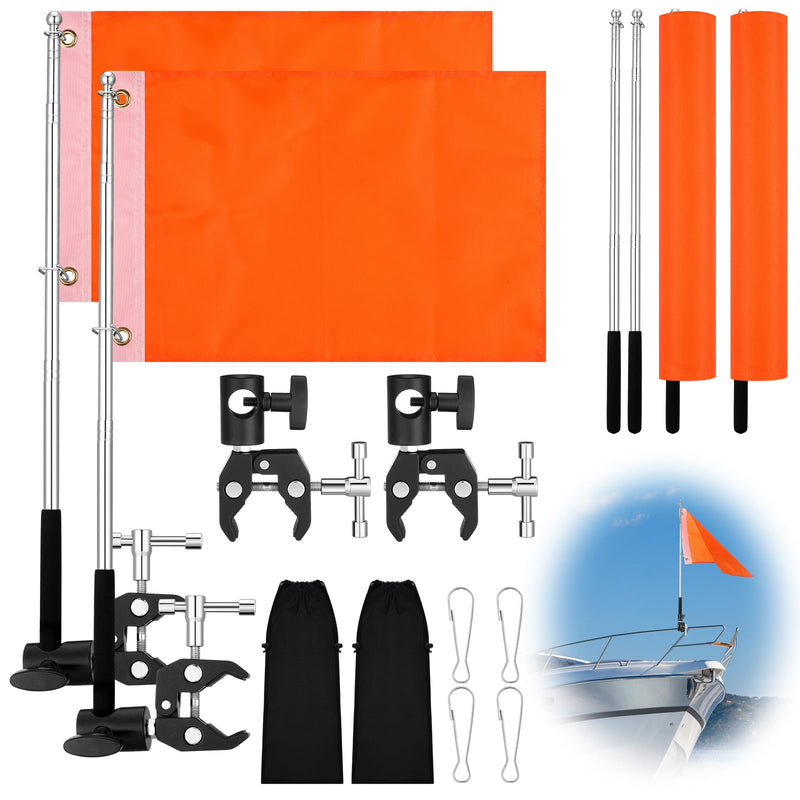 VitalCozy 2 Set Orange Boat Flags 47 Inches Water Ski Kayak Flag 12” x 18” with Pole and Storage Bag 3 Sections Holder for Tubing Wakeboarding Watersports Swimmers Surfer Safety Equipment