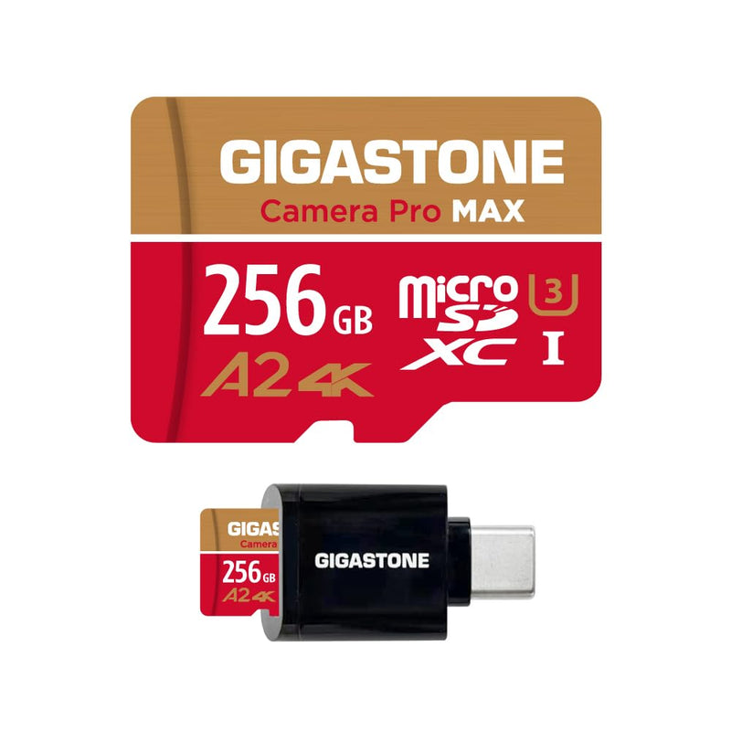  [AUSTRALIA] - [5-Yrs Free Data Recovery] GIGASTONE 256GB Micro SD Card with USB 3.2 Type C Card Reader, 4K Camera Pro MAX, A2 V30 MicroSDXC Memory Card for Gopro, 4K UHD Video, Up to 130/85 MB/s with Adapter