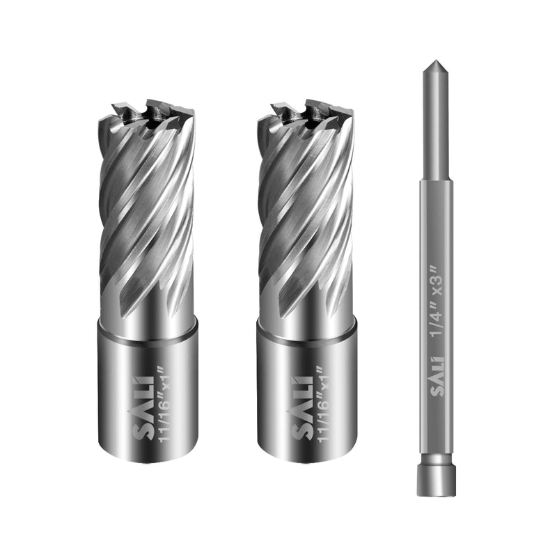 SALI 2 pcs Annular Cutter Diameter 11/16 Inch with Weldon Shank 3/4" (with 2 Flats) Cutting Depth 1" Mag Drill Bit for Magnetic Drill Press HSS Fully Ground Drill with One 1/4"*3" Pilot Pin 11/16"*1"