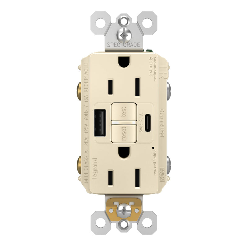Legrand Pass & Seymour Radiant 15 Amp GFCI Wall Power Outlet with 2.0 Amp USB A/C Charger, Light Almond