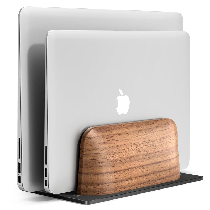 UPERGO Vertical Laptop Stand, Dual Slot Wooden Laptop Holder Vertical for Desk, Width Adjustable Dock for MacBook Pro and Other Laptops Black Walnut