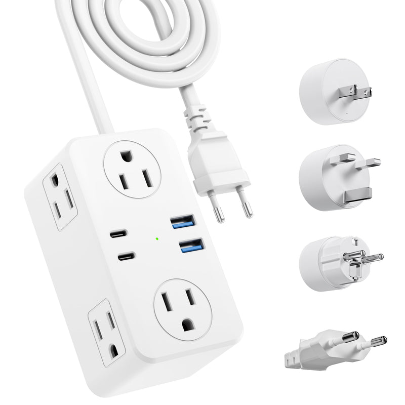 European Travel Plug Adapter, EU/UK/US Travel Adapter Power Strip, 6 AC Outlets, 20W USB C Power Delivery, 3ft Wrapped Around Extension Cord, Compact for Travel PD 20W for EU