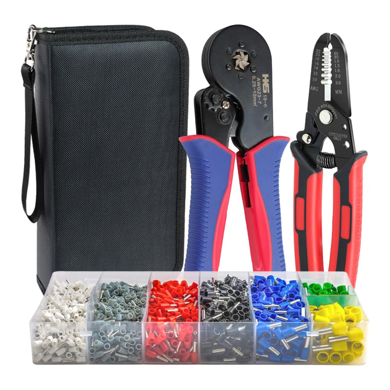 HKS Ferrule Crimping Tool Kit - Hexagonal Ferrule Crimper Plier (AWG 23-7) with Wire Stripper & 1900pcs Wire End-Sleeves Terminals Kit Crimper 10-6+1900PCS+Stripper
