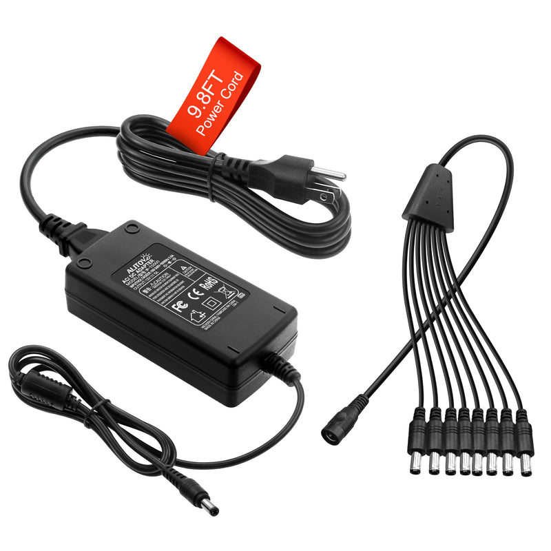ALITOVE Security Camera Power Supply Adpter 12V 5A with 8 Way Power Splitter Cable 5.5x2.1mm, 100-240V 50-60Hz AC to DC Converter for Analog AHD CCTV DVR Surveillance System (Extended Version 14.5ft) 5A (8-Way)