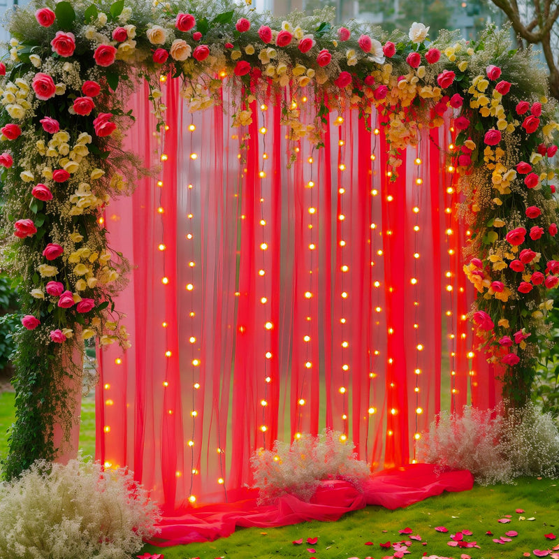 10×10ft Red Tulle Backdrop Curtain with Lights String for Parties, Sheer Curtain Backdrop Drapes for Wedding Party Photography Background
