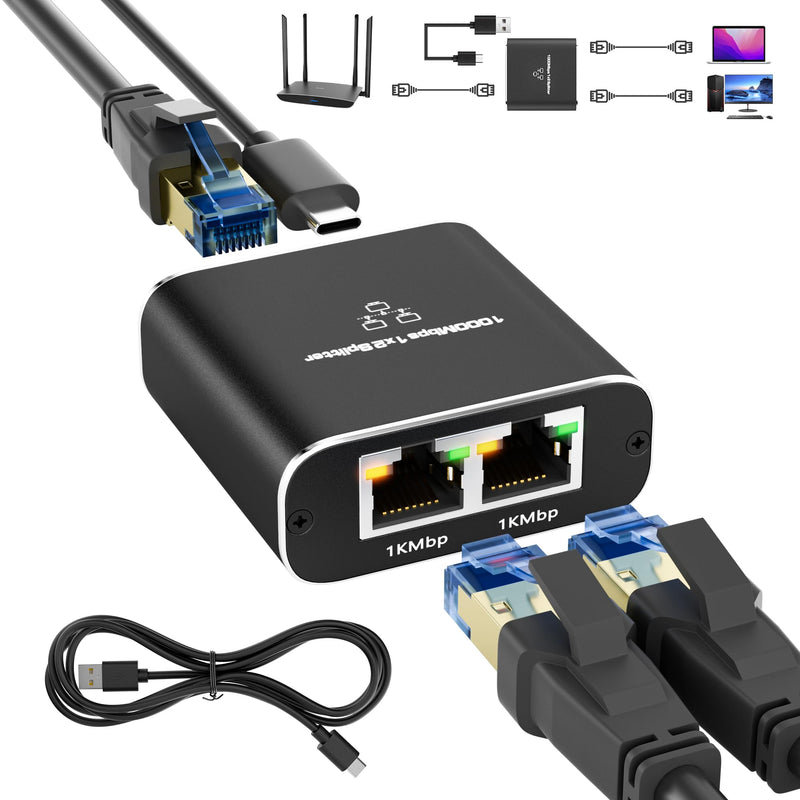 Ethernet Splitter 1 to 2 Out Adapter, High Speed RJ45 Splitter with USB Power Cable, Gigabit LAN Internet Distributor 1 to 2 Connector, 1000Mbps for Cat5/5e/6/7/8, 2 RJ45 Simultaneously Networking