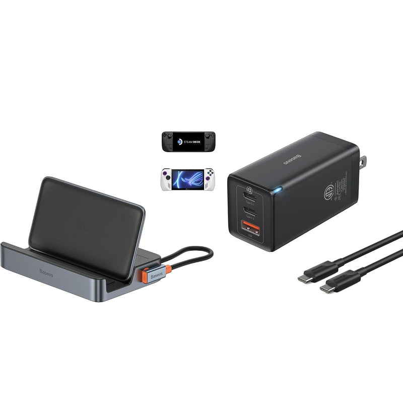 Steam Deck Dock, Baseus 6-in-1 Docking Station for Steam Deck & ROG Ally & Legion Go & USB C Charger, Baseus 65W USB C Wall Charger, 3 Ports Foldable GaN Charger, Fast Charger Block for iPhone