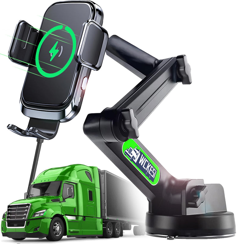 Truck Phone Holder Mount Wireless Charger Heavy Duty for Car 15W Smart Fast Charging 14 inch Long Arm Pickup Truck Windshield and Dashboard,Truck Accessories,for iPhone Samsung LG black--Wireless Charger