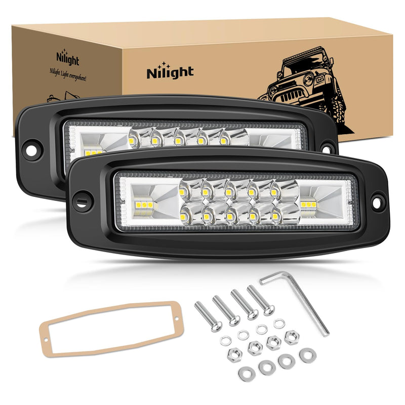 Nilight Flush Mount LED Pods 2PCS 6 Inch 60W LED Work Light Flood Spot Beam Combo Backup Driving Lights Fog Lamp Reverse Grill Mount Lighting for Offroad 4x4 Truck SUV 2Pcs 20LEDs LED Pods