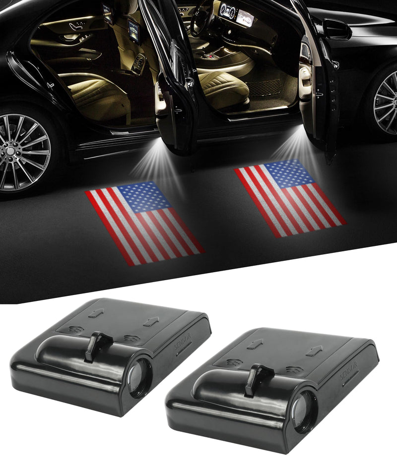 2Pcs Car Door Lights,Door Lights Logo Projector,Car Accessories HD Car Welcome Light,Door Sill Lights Wireless LED Door Paste Courtesy Light,Car Door Lights Logo (Red American Flag) Red American Flag