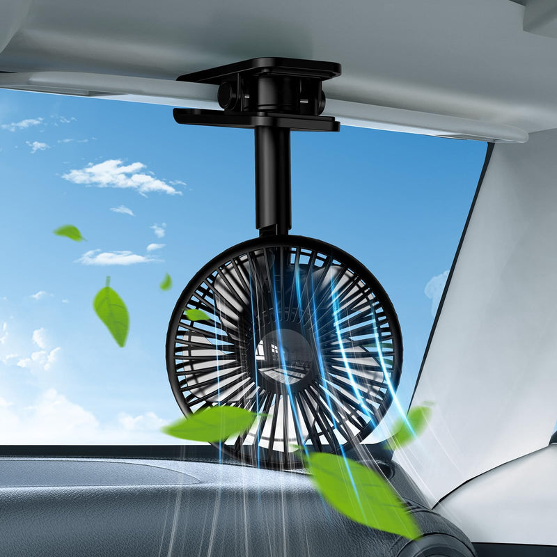 Usb Car Fan Oscillating Rechargeable Fan with Colorful Light Battery Powered, 360° Rotatable Portable Clip Fans That Blow Cold Air, Small Cooler Mini Fan Silent, for Vehicle Van Truck Suv Rv Black