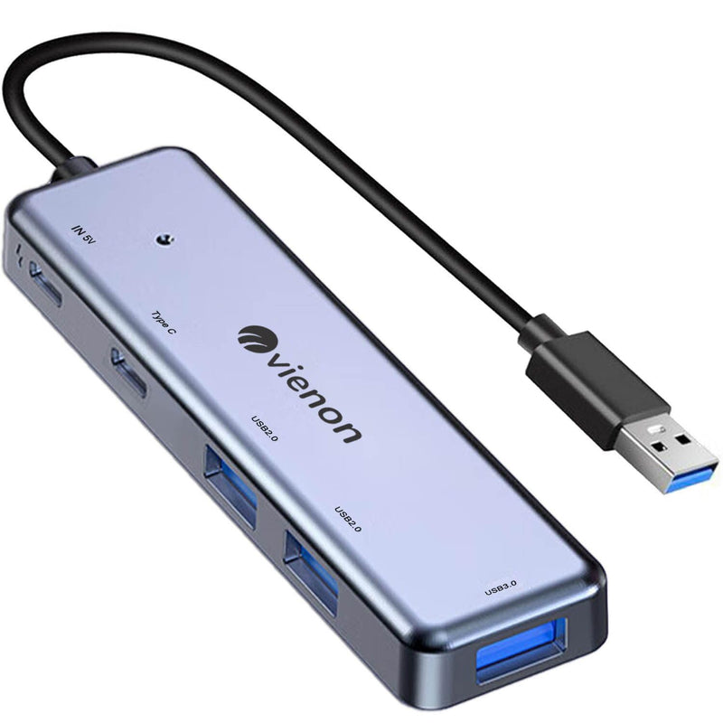 USB 3.0 Hub 5 in 1, USB Splitter with USB-C Power Port, USB-C Data Port, USB Port Hub USB Extender for MacBook, Laptop, Surface Pro, PS4, PC, Flash Drive, Mobile HDD USB 3.0 Hub Silver