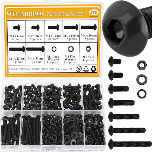 376 Pieces M4 Screws Nuts Washers Set Black, Sutemribor M4 x 6/8/12/16/20/25/30mm Button Head Socket Cap Screws Nuts Washers Assortment Kit, 10.9 Grade Alloy Steel, Fully Threaded
