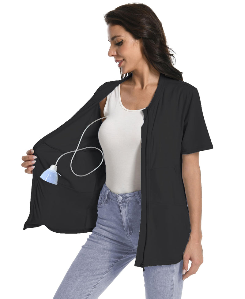 Post Mastectomy Zip Up Shirts with Drain Pockets Surgery Recovery Must Haves Clothing Comfy Short Sleeve Shirts Black Large