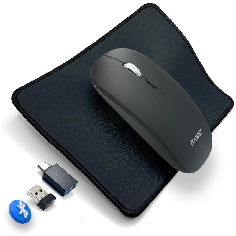 Wireless Mouse and Pad Combo, Dual Mode Bluetooth 5.2 and USB Receiver 2.4G, Rechargeable, Quiet Clicks, Compact, 1600 DPI High Precision Steel Scroll Wheel for PC Laptop Tablet - Black