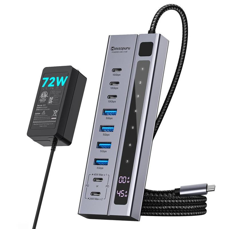 Minisopuru Powered USB C Hub – Support Max 45W Charging with 72W Power Adapter, 10Gbps Data Transfer, USB C to USB C Hub Charging for Meta Quest Pro, Steam, iPad Pro, iPhone, Watch (Not for Monitor)