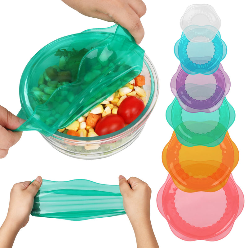 Silicone Stretch Lids for Food Storage in Fridge, Reusable Elastic Bowl Covers for Cup, Cans, Jars, Round & Rectangle Container, Food Grade Silicone Microwave Food Cover, Heat-Resistant, 6PCS 6 Pcs Colorful