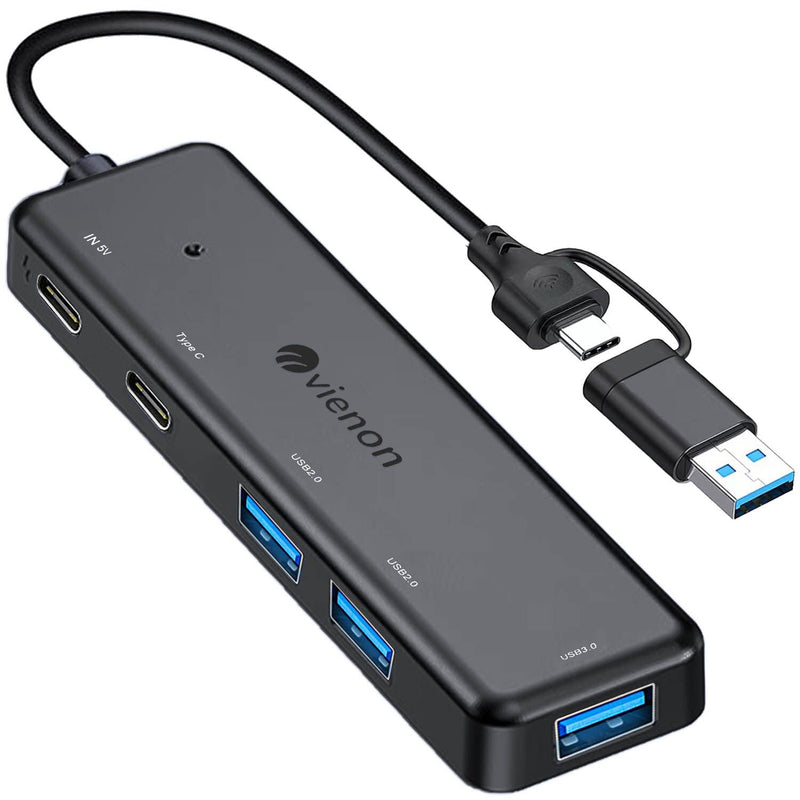VIENON USB 3.0 Hub (5 in 1), USB C Hub, USB C to USB 3.0 Hub Adapter with USB C Power/Data Ports, USB Extender USB A&C Docking Station for Laptop PC MacBook Dell, HP, PS4/5, SSD and More