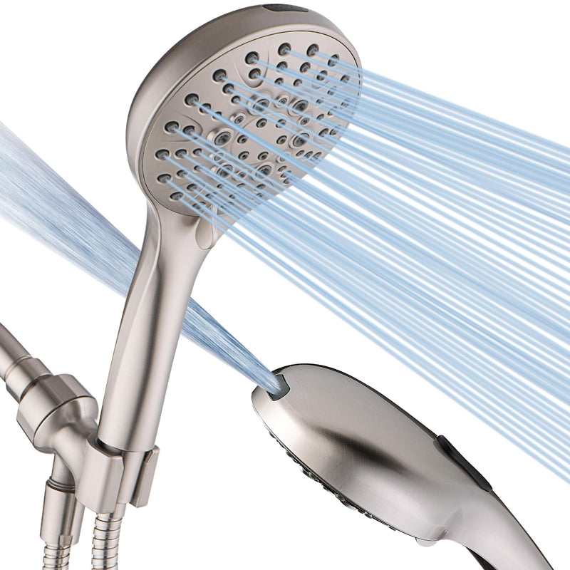 BRIGHT SHOWERS High Pressure Shower Head with Handheld, 9 Spray Settings Showerhead Built in Power Wash to Clean Tub and Pets, Extra Long 69" Hose, Adjustable Bracket, Brushed Nickel 2.5 GPM | 9 Modes