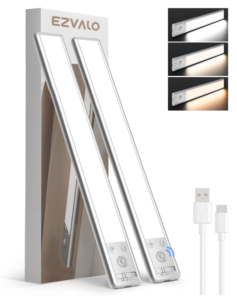EZVALO 134 LED Under Cabinet Lights, 3200mAh Rechargeable Motion Sensor Light Indoor, Dimmable Magnetic Closet Lights with 3 Color Temps, Wireless Under Counter Lights for Kitchen, Stair (2 Pack) 14.5 inch Silver