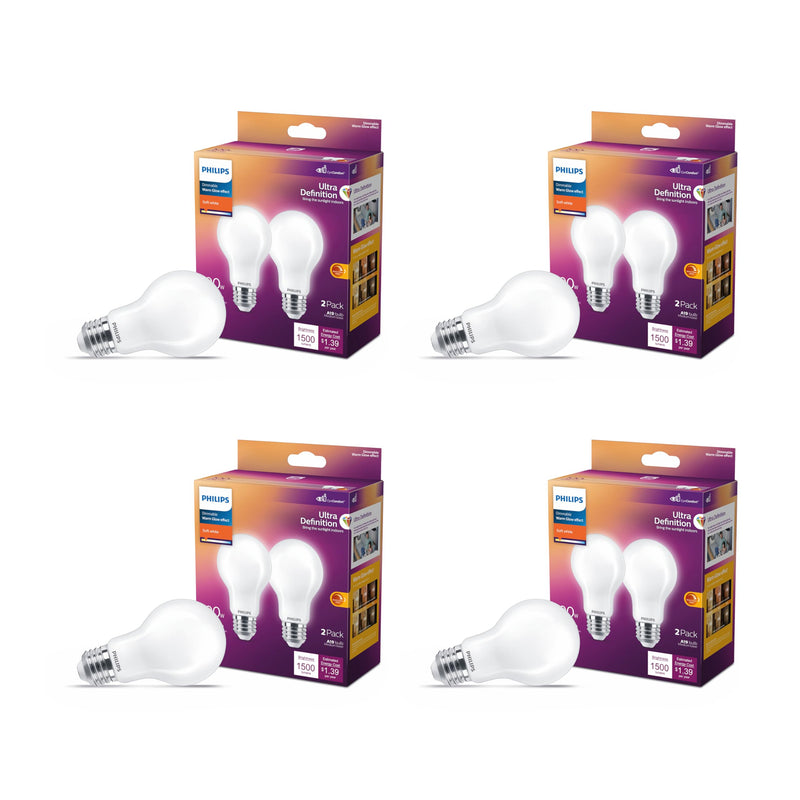 Philips LED 100W A19 8-Pack Ultra Definition (2700K) 1500 Lumen (11.5W = 100W) Dimmable Frosted Flicker-Free Light Bulbs Soft White (2700k) 4 Pack