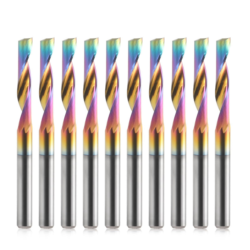 CNC Router Bits Single Flute End Mill for Aluminum Cutting - 1/8 Inch (3.175mm) Shank Solid Carbide Spiral Router Bits with DLC Coating, 3/5'' (15mm) Cutting Length CNC Bits Milling Cutter (10PCS) 10 1/8" Shank-3/5" Cutting Length