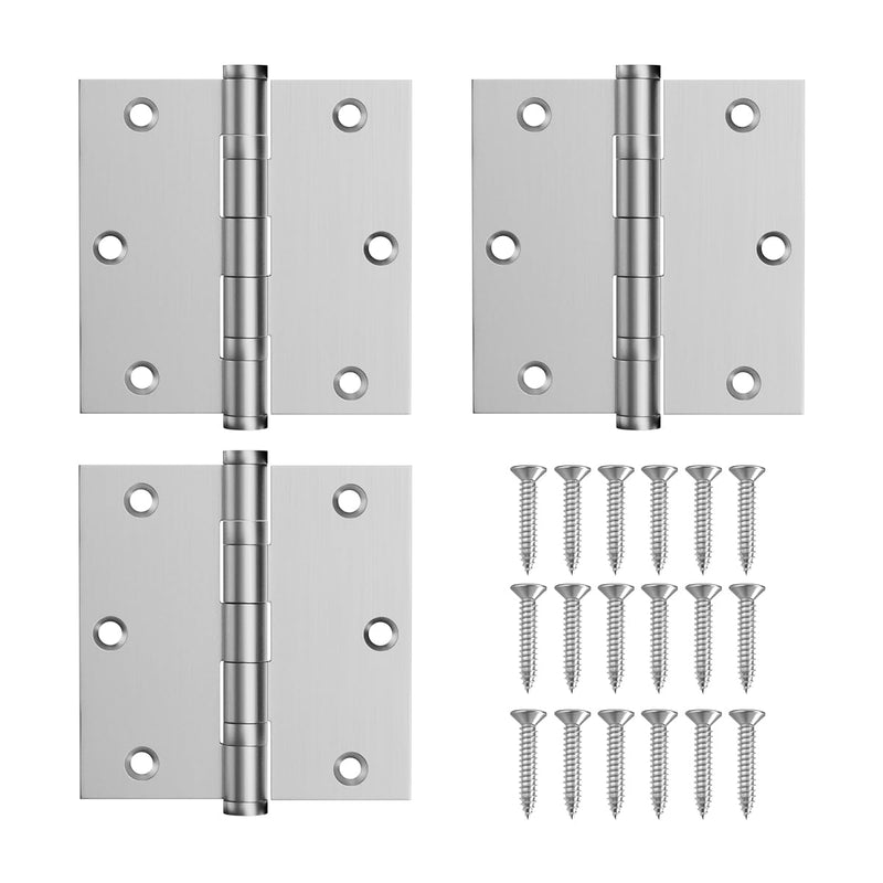 304 Stainless Steel Door Hinges,3.5 x 3.5 Inch Ball Bearing Hinges, 3 1/2 Inch Interior Door Hinges with Square Corners, Door Hardwares (3Pack, Silver)