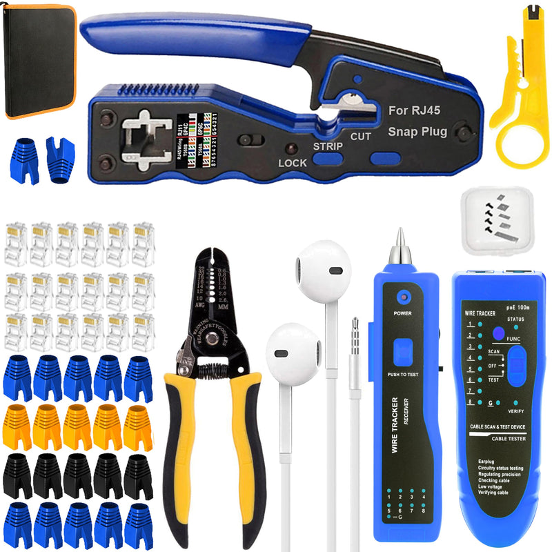 LEATBUY CAT5 CAT6 Crimping Tool RJ45 Crimp Tool Set for Pass Through for Regular with Connectors, Covers Network Wire Stripper Kit Ethernet Crimper Internet Punch Down Cutter(Blue) Blue