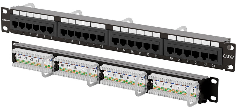Iwillink 10Gbps Cat6A Patch Panel 24 Port, RJ45 Patch Panel UTP 19-Inch, 1U Network Patch Panel Wallmount or Rackmount Punch Down Block for Cat6A, Cat6, Cat5e, Cat5 Cabling YUNXI-PN03-C6C6A-B-FT
