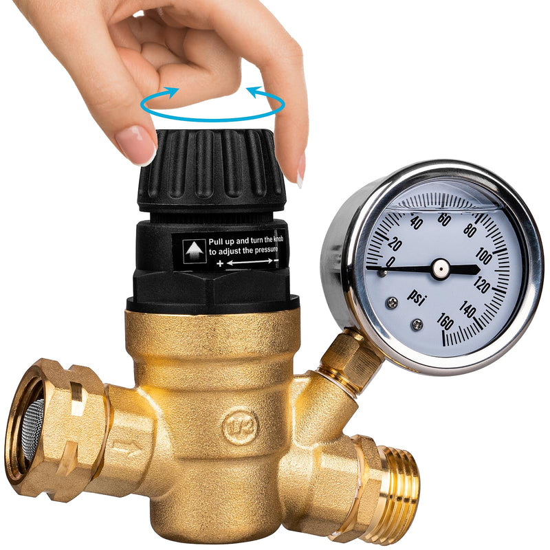 RV Water Pressure Regulator Valve for Camper, Regulate Valves with Strainer, Made of Leadless Brass, RV Water Pressure Regulator with Pressure Gauge